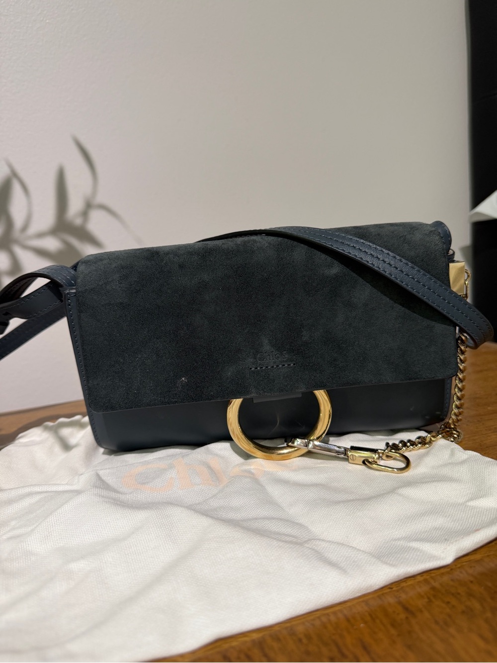 Authentic Chloé Faye Small Shoulder Bag Navy Suede Leather 3S1127-H20 w Dust Bag - Picture 2 of 12